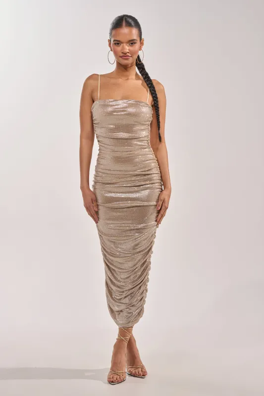 KILL THE LIGHTS STRAPLESS RHINESTONE MIDI DRESS IN CHAMPAGNE made by AKIRA