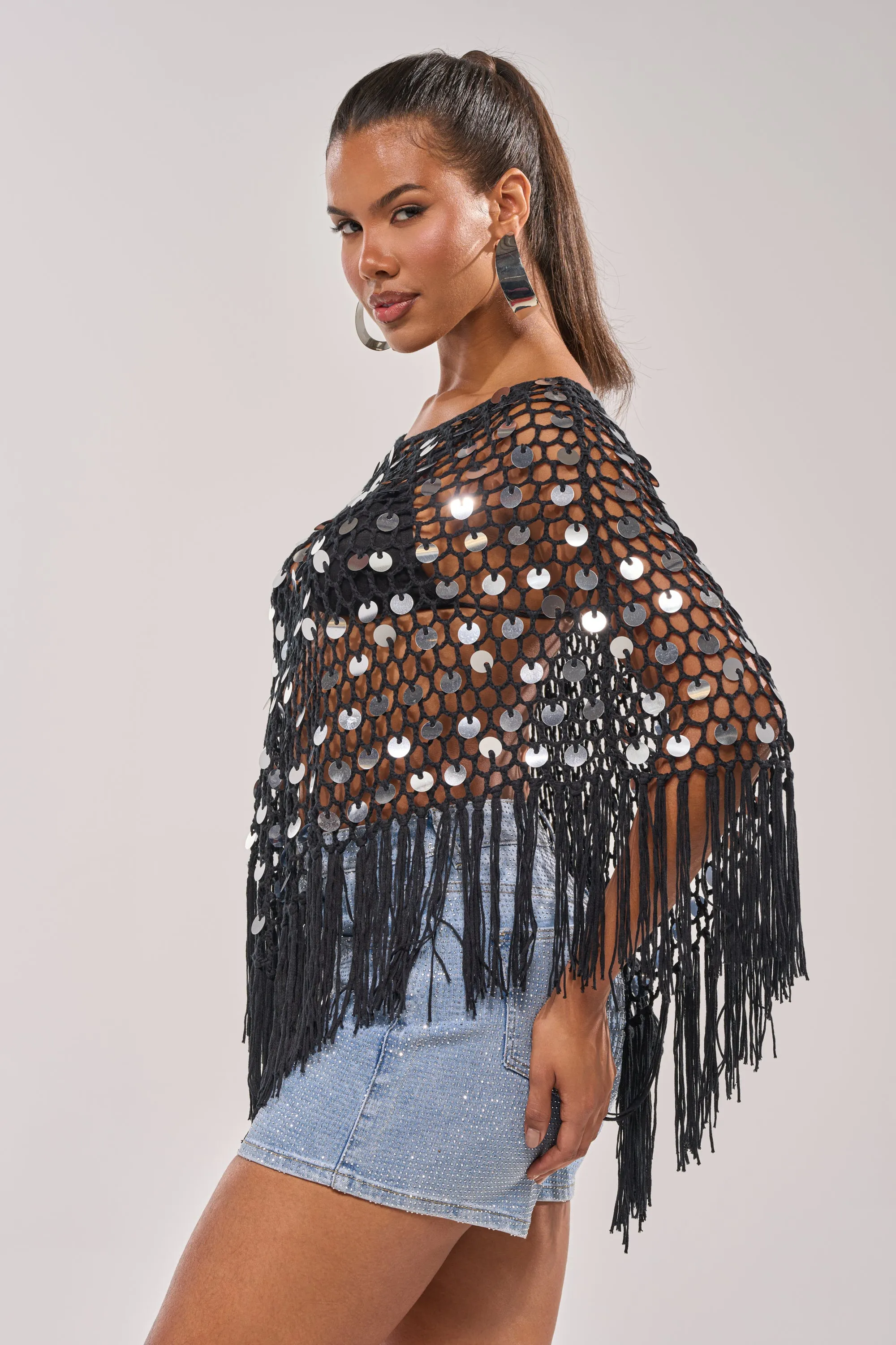 UNDER THE LIGHTS CROCHET SEQUIN PONCHO sold by AKIRA product image thumbnail 3