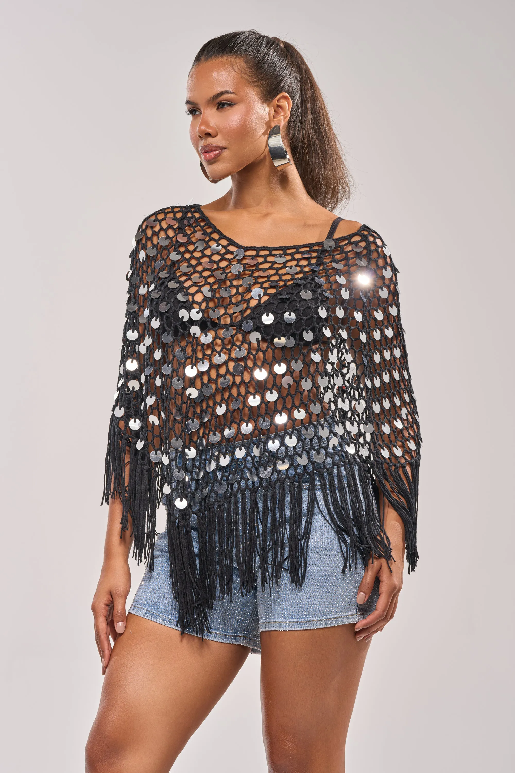 UNDER THE LIGHTS CROCHET SEQUIN PONCHO sold by AKIRA product image thumbnail 2