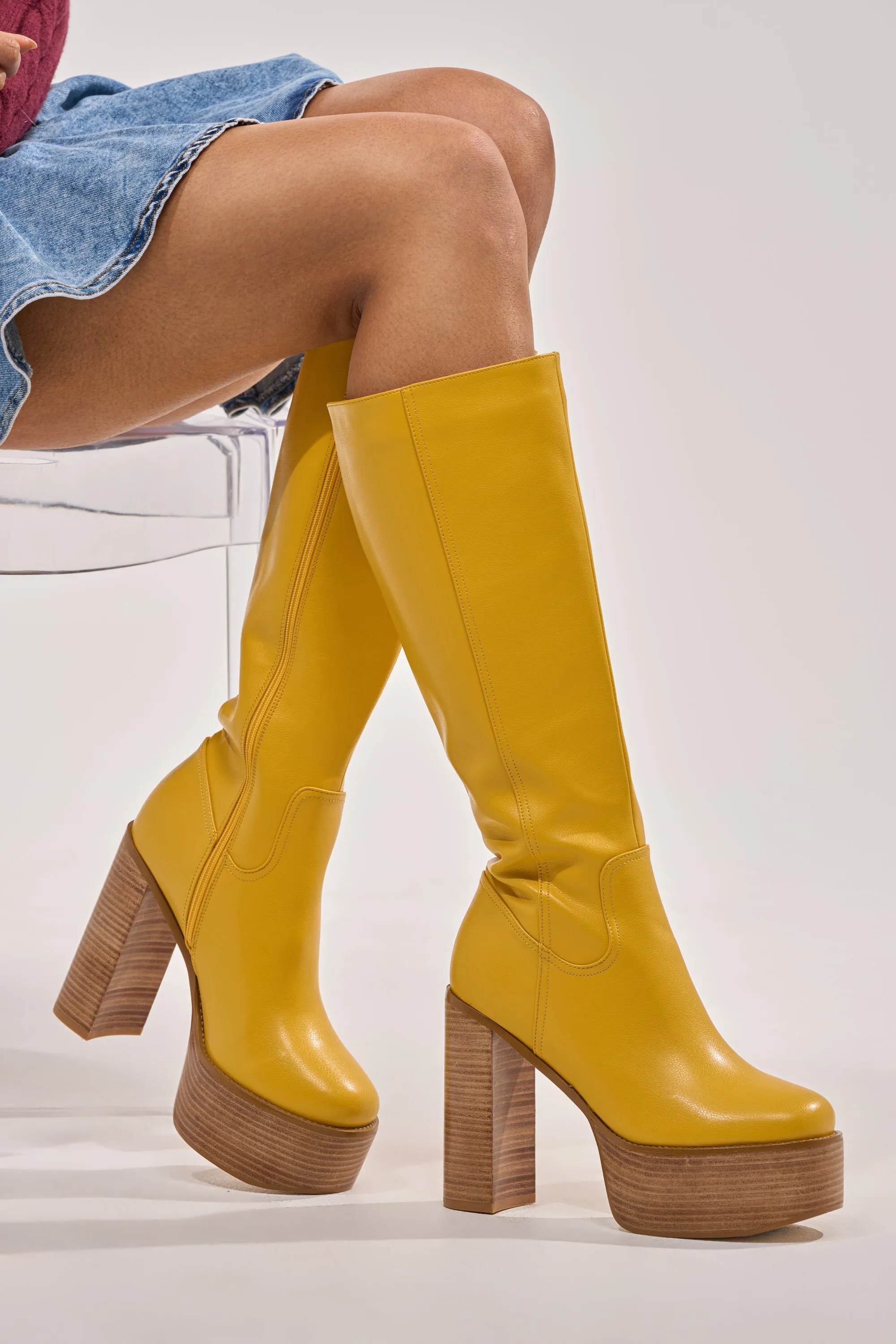 AZALEA WANG LANDRY YELLOW PU WOOD STACK PLATFORM BOOT sold by AKIRA product image thumbnail 3
