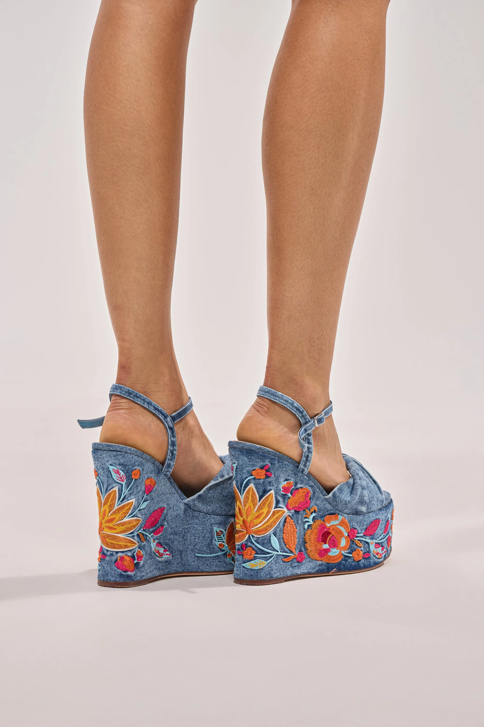 AZALEA WANG TIALA DENIM FLORAL EMBROIDERED STRAP WEDGE SANDAL sold by AKIRA product image thumbnail 4