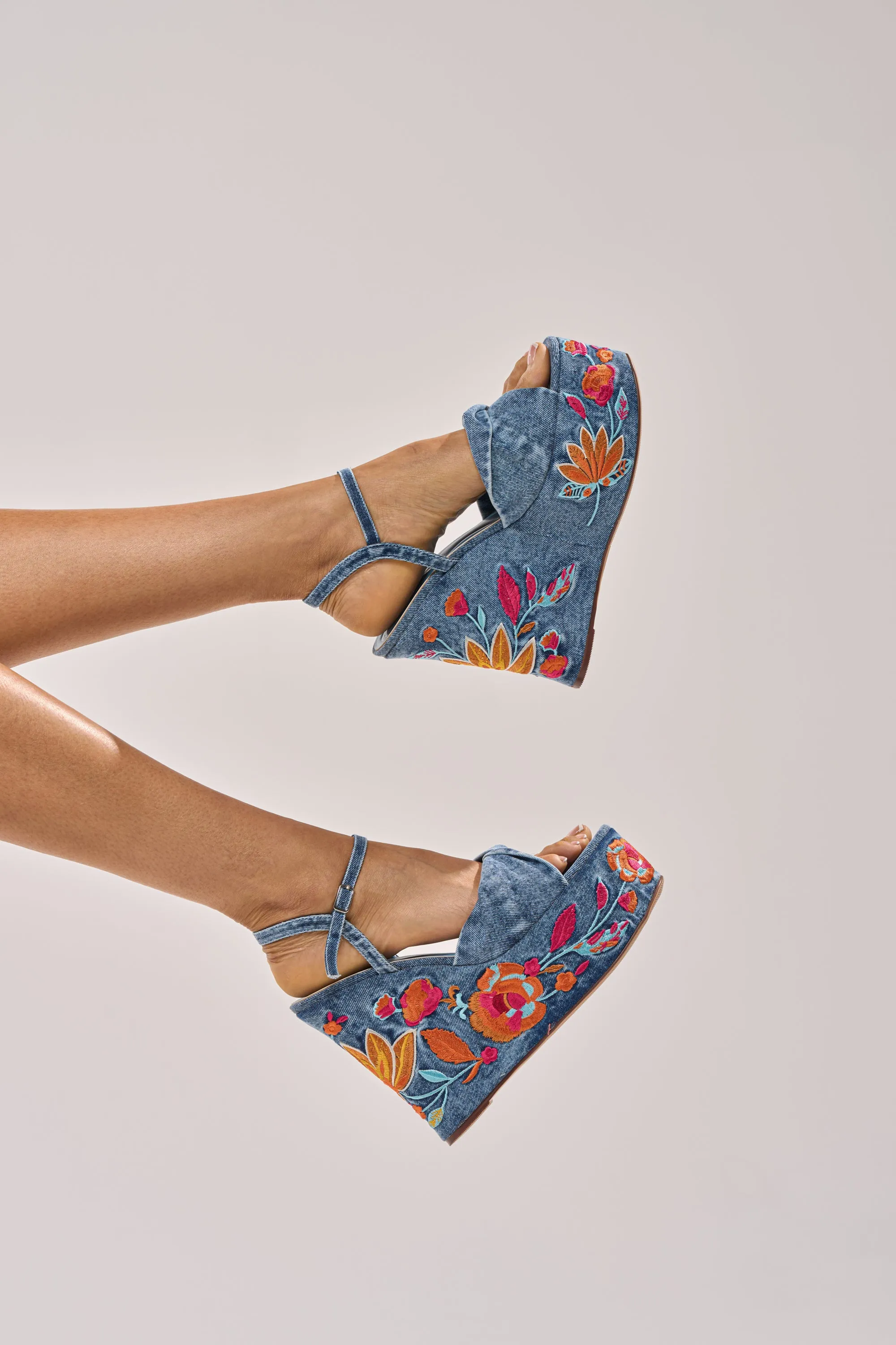 AZALEA WANG TIALA DENIM FLORAL EMBROIDERED STRAP WEDGE SANDAL sold by AKIRA product image thumbnail 2
