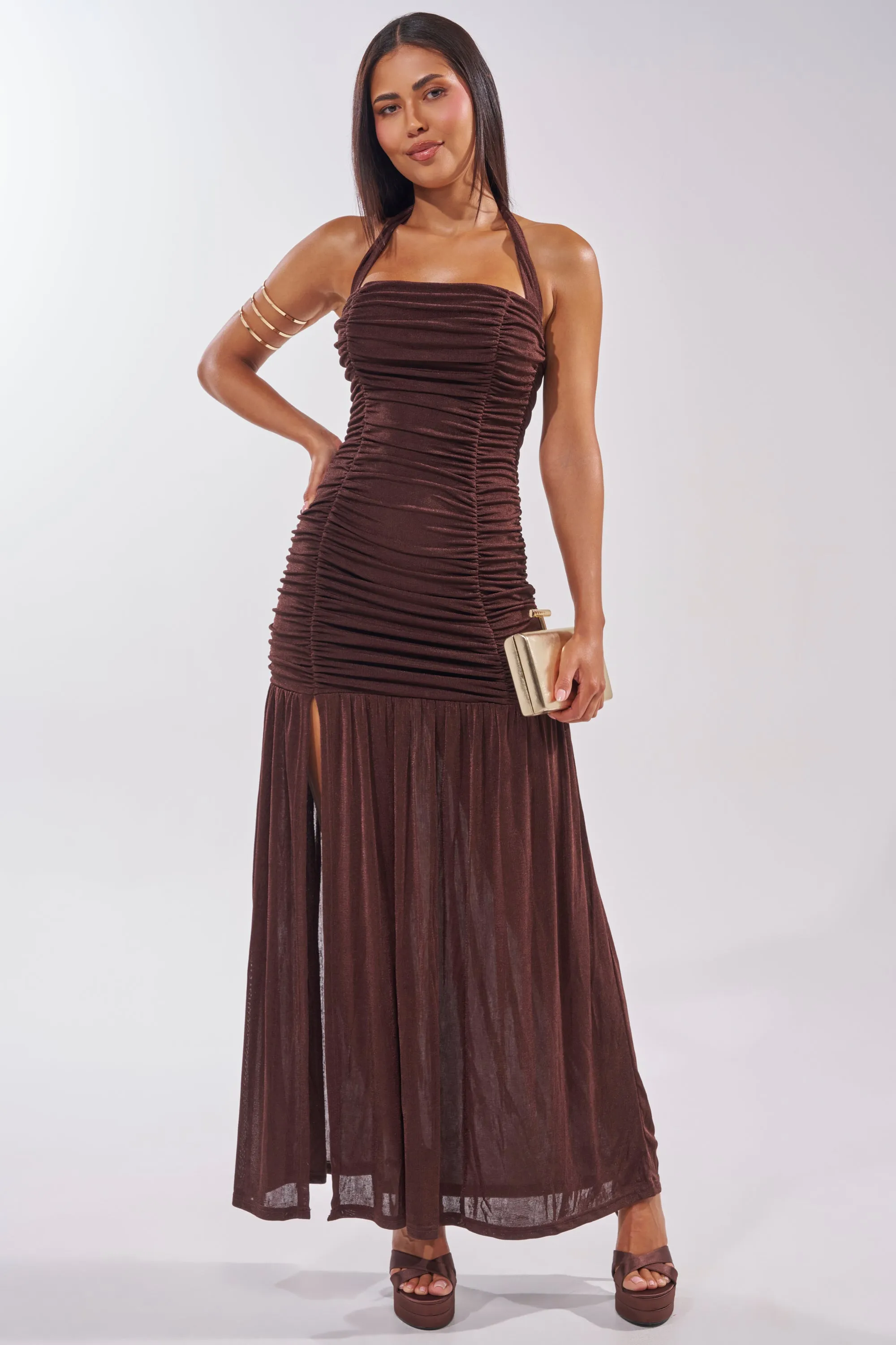 NOTHING SUBTLE ABOUT IT RUCHED MAXI DRESS IN BROWN sold by AKIRA product image thumbnail 2