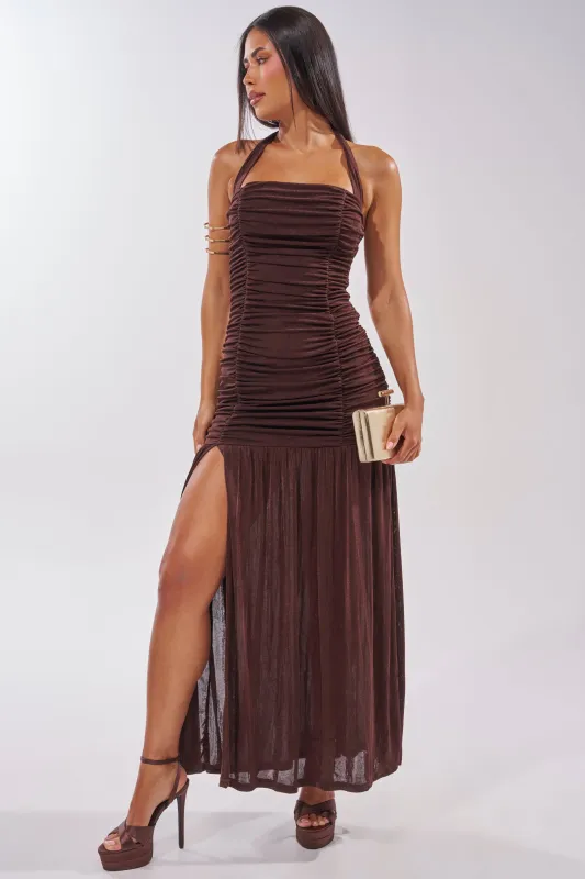 NOTHING SUBTLE ABOUT IT RUCHED MAXI DRESS IN BROWN made by AKIRA