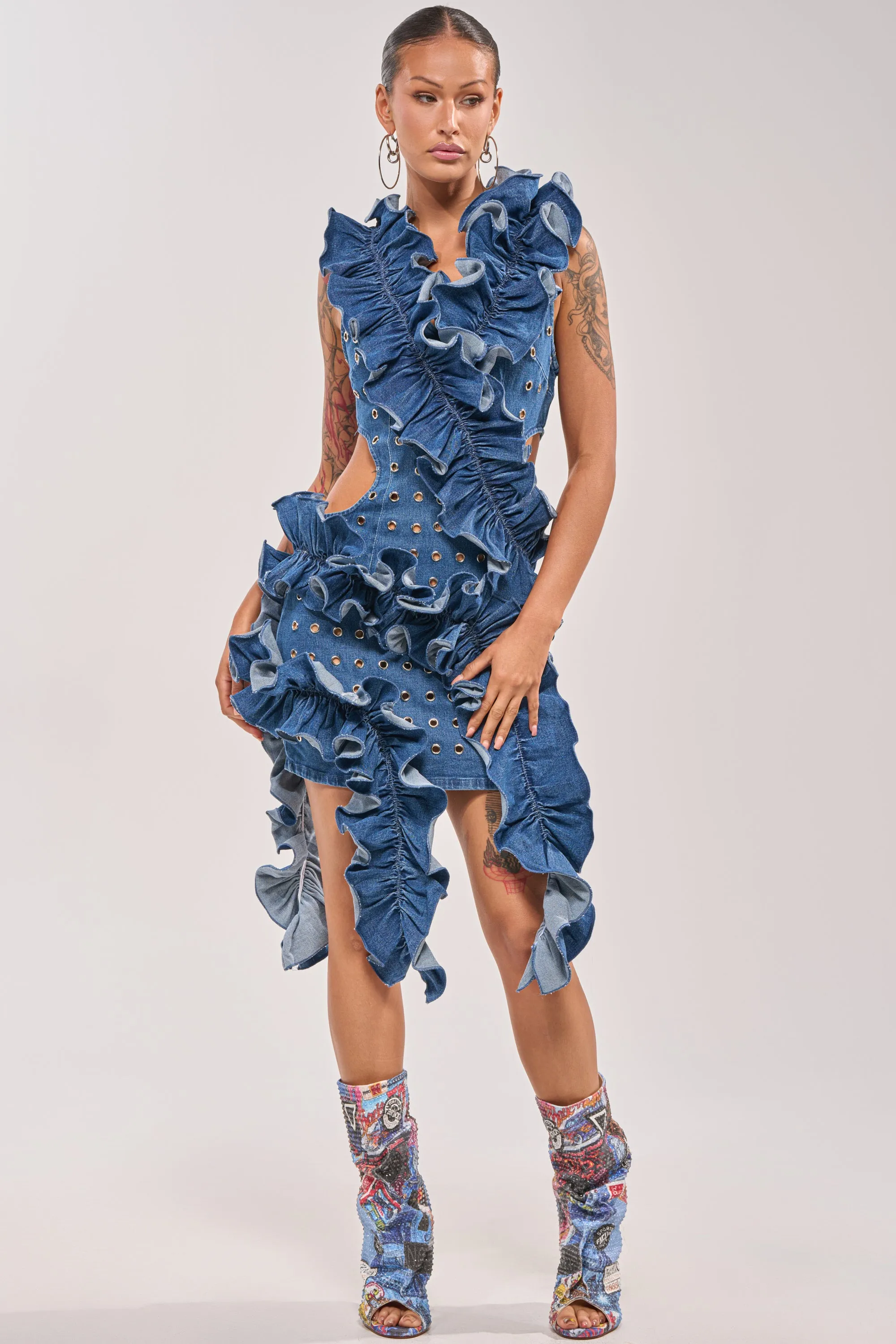 LINGERING EYES FLOCKED DENIM MINI DRESS sold by AKIRA product image thumbnail 2