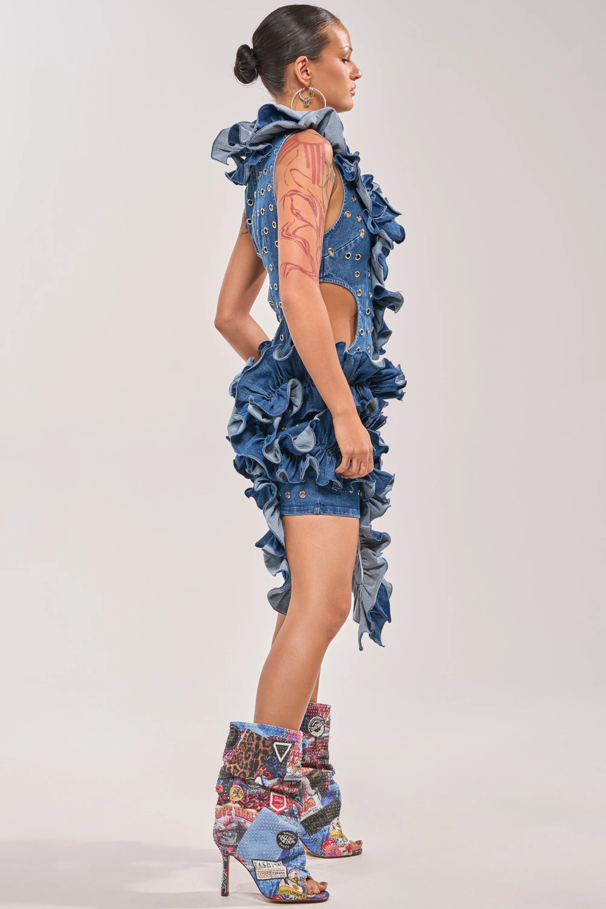 LINGERING EYES FLOCKED DENIM MINI DRESS sold by AKIRA product image thumbnail 3