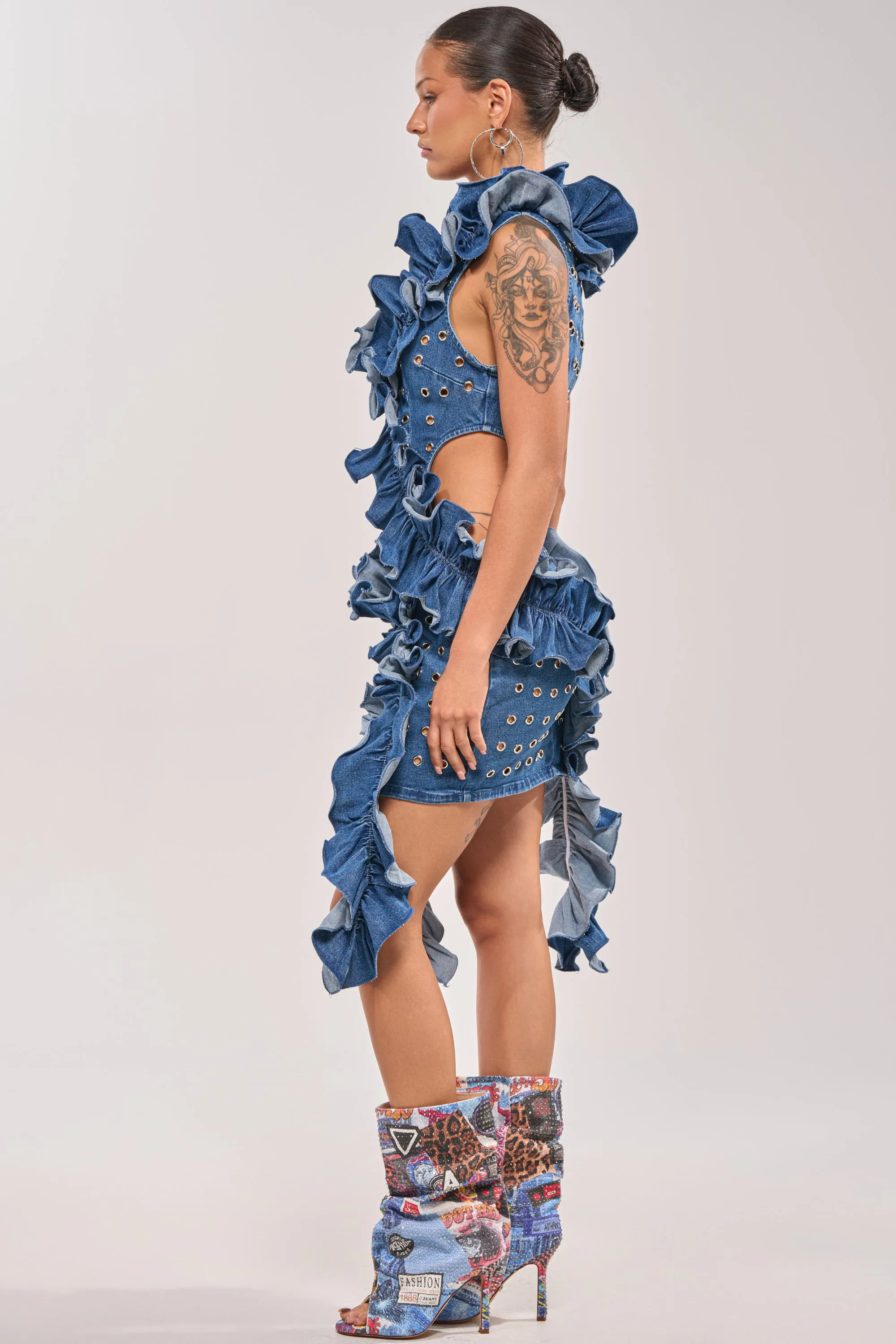 LINGERING EYES FLOCKED DENIM MINI DRESS sold by AKIRA product image thumbnail 4