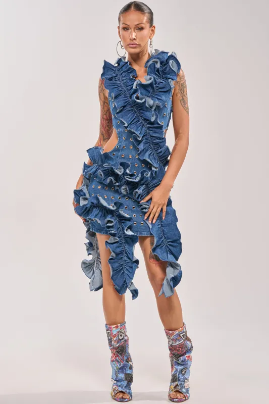 LINGERING EYES FLOCKED DENIM MINI DRESS made by AKIRA