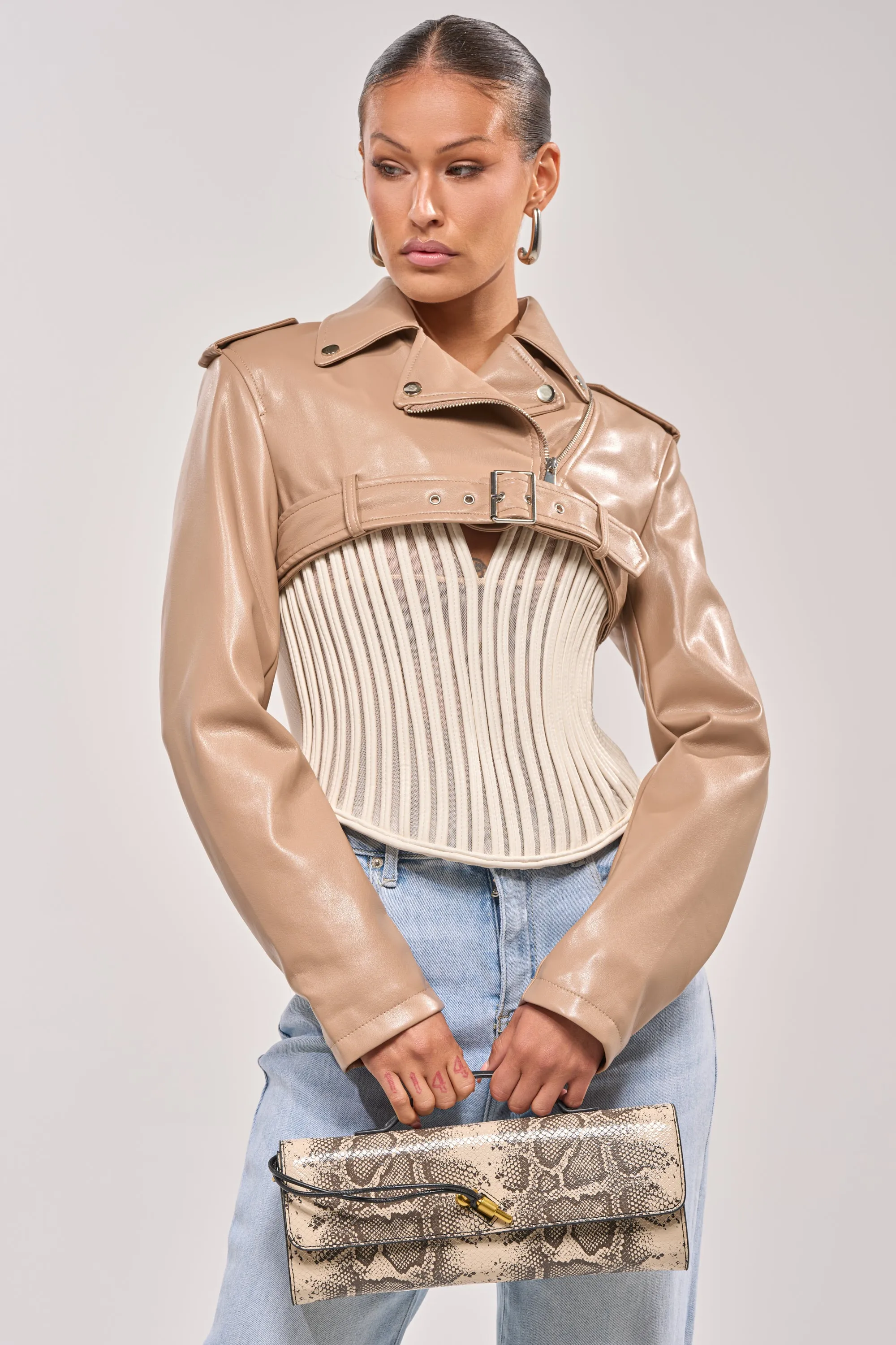 HARLEY LUXE ULTRA CROP MOTO IN TAUPE sold by AKIRA