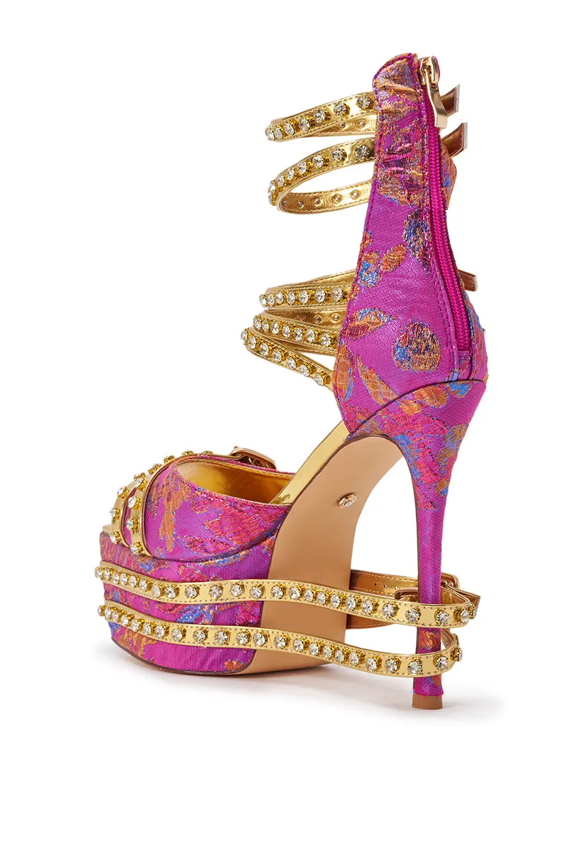 AKIRA CRUSHIN PINK MULTI BROCADE AND GOLD EMBELLISHED STILETTO SANDAL sold by AKIRA product image thumbnail 5