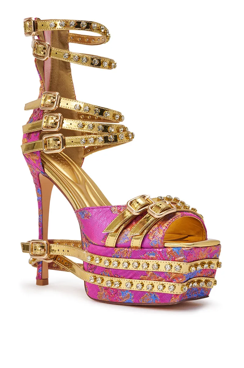 AKIRA CRUSHIN PINK MULTI BROCADE AND GOLD EMBELLISHED STILETTO SANDAL sold by AKIRA product image thumbnail 4