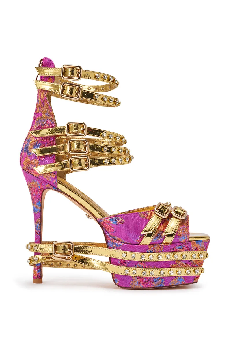 AKIRA CRUSHIN PINK MULTI BROCADE AND GOLD EMBELLISHED STILETTO SANDAL sold by AKIRA product image thumbnail 3