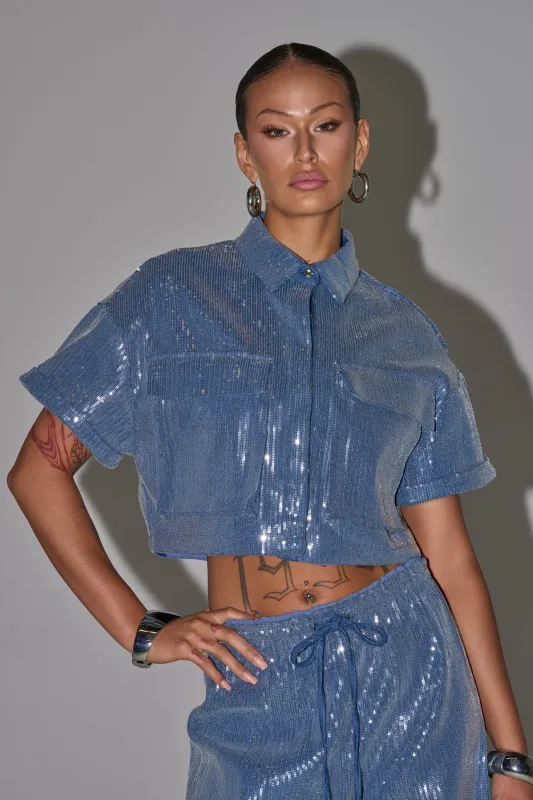 SHAKE IT GIRL SEQUIN BUTTON DOWN made by AKIRA