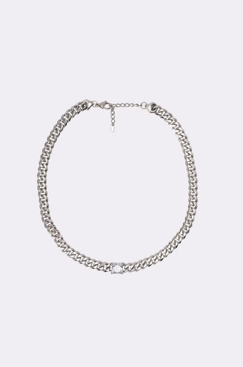 STAINLESS STEEL SQUARE CZ NECKLACE IN SILVER sold by AKIRA