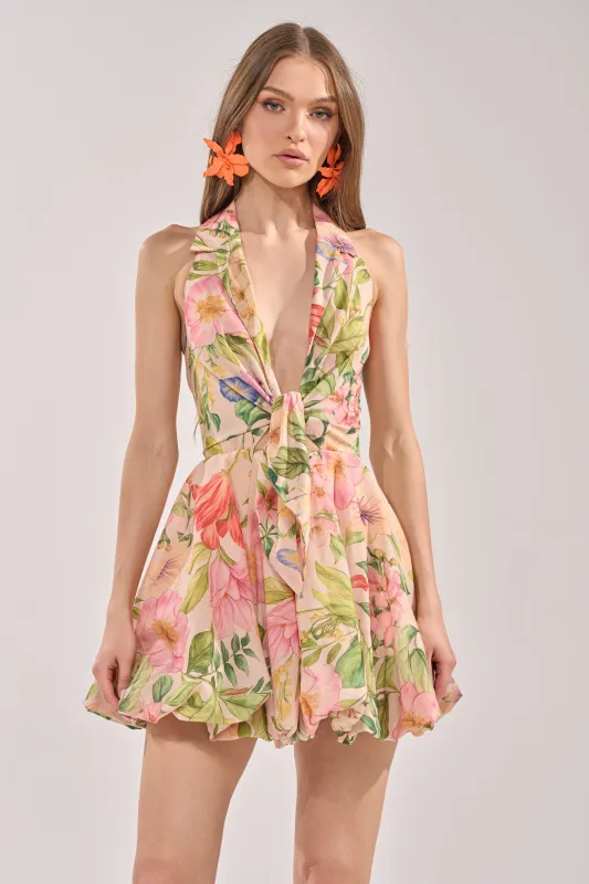 SOFT LAUNCH FLORAL MINI DRESS IN BEIGE made by AKIRA