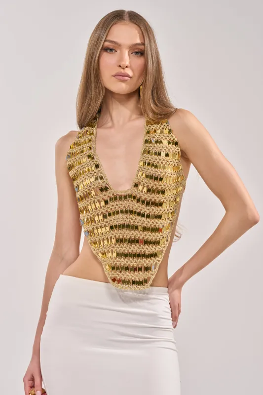 GOLDEN GIRL CROCHET SEQUIN TOP made by AKIRA