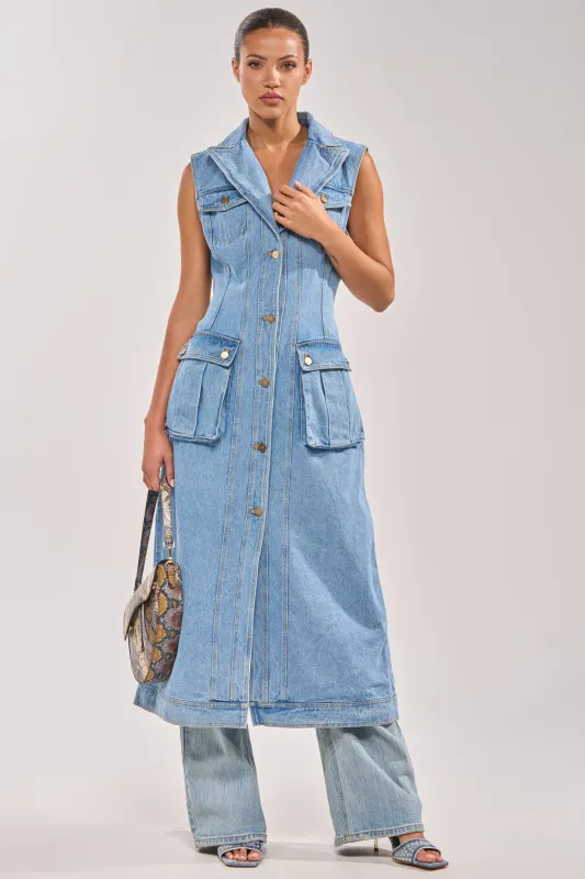 GOTTA DIP LONG DENIM VEST made by AKIRA