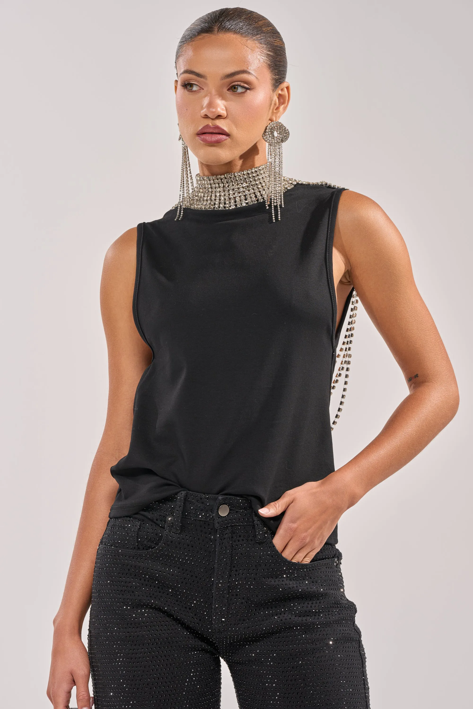 ONE OF ONE RHINESTONE SLEEVELESS TEE IN BLACK sold by AKIRA product image thumbnail 2