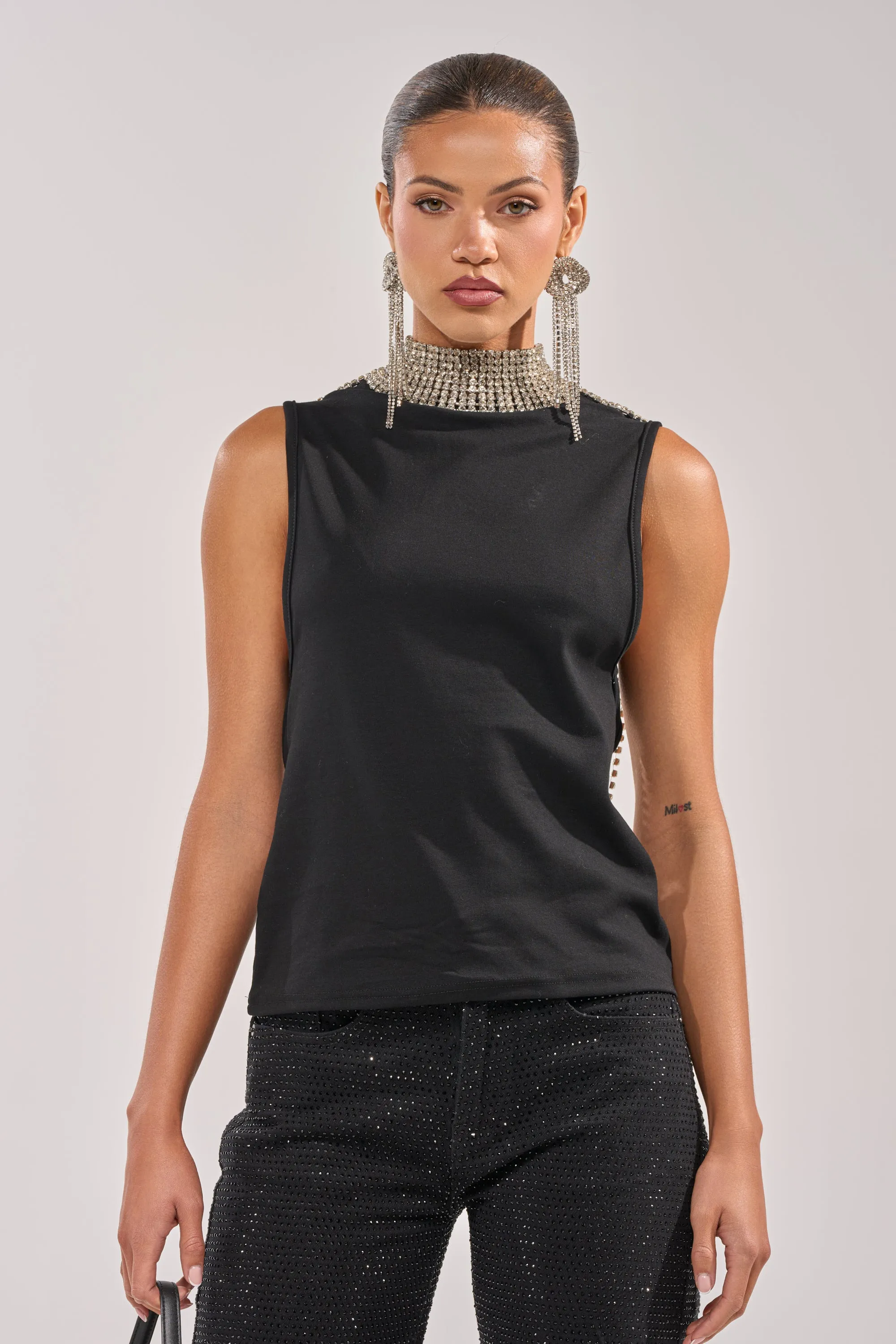 ONE OF ONE RHINESTONE SLEEVELESS TEE IN BLACK sold by AKIRA product image thumbnail 3