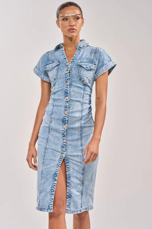 LITTLE DENIM MIDI DRESS IN LIGHT BLUE made by AKIRA