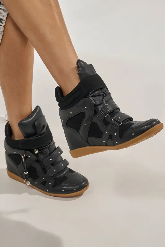 AKIRA GOLD RANGELEY BLACK SILVER HARDWARE EMBELLISHED WEDGE SNEAKER made by AKIRA