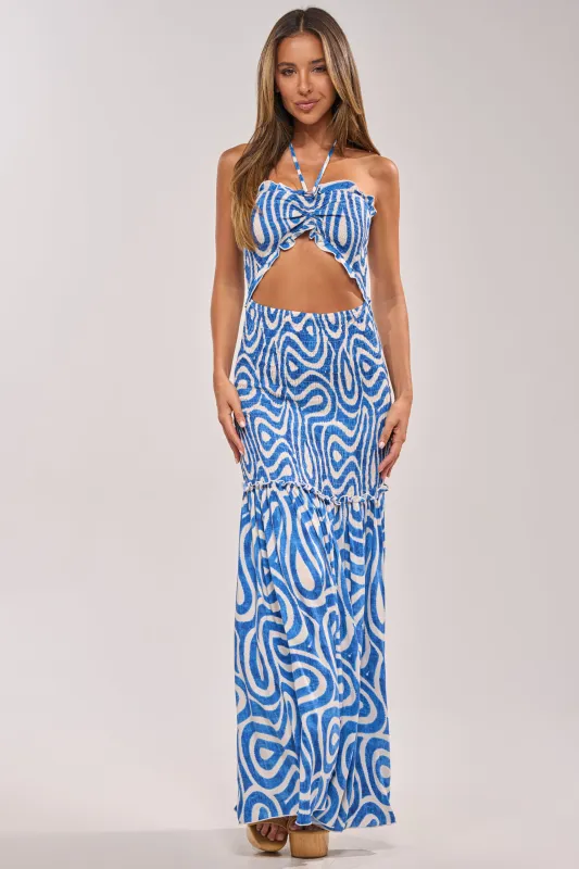 SUGAR AND SPICE PRINTED MAXI DRESS IN BLUE MULTI made by AKIRA