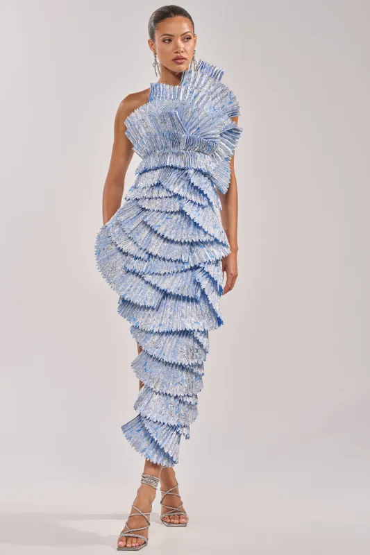 LUST FOR LIFE ASYMMETRICAL BROCADE MIDI DRESS IN BLUE made by AKIRA