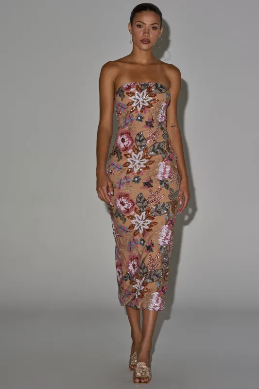 SHOW ME LOVE EMBELLISHED MIDI DRESS made by AKIRA