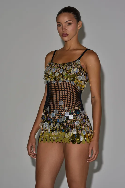 RESORT LIVING SEQUIN CROCHET MINI DRESS made by AKIRA