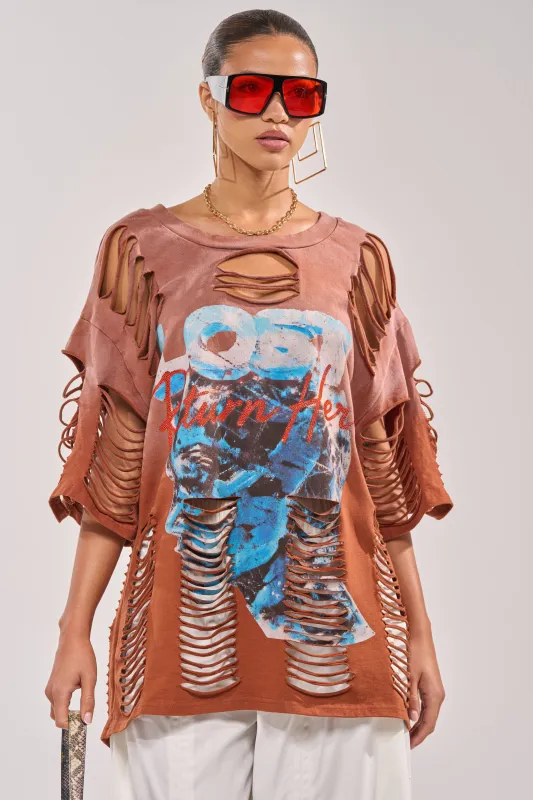 BYE GIRL OVERSIZED DISTRESSED TEE IN BROWN made by AKIRA