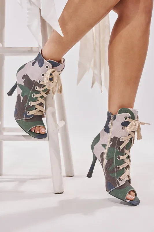 AZALEA WANG ROOFTOP CAMO OPEN TOE LACE UP BOOTIE made by Azalea Wang