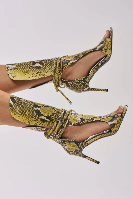 AZALEA WANG BOCKER YELLOW SNAKE STILETTO LACE UP TALL SHAFT SANDAL made by Azalea Wang