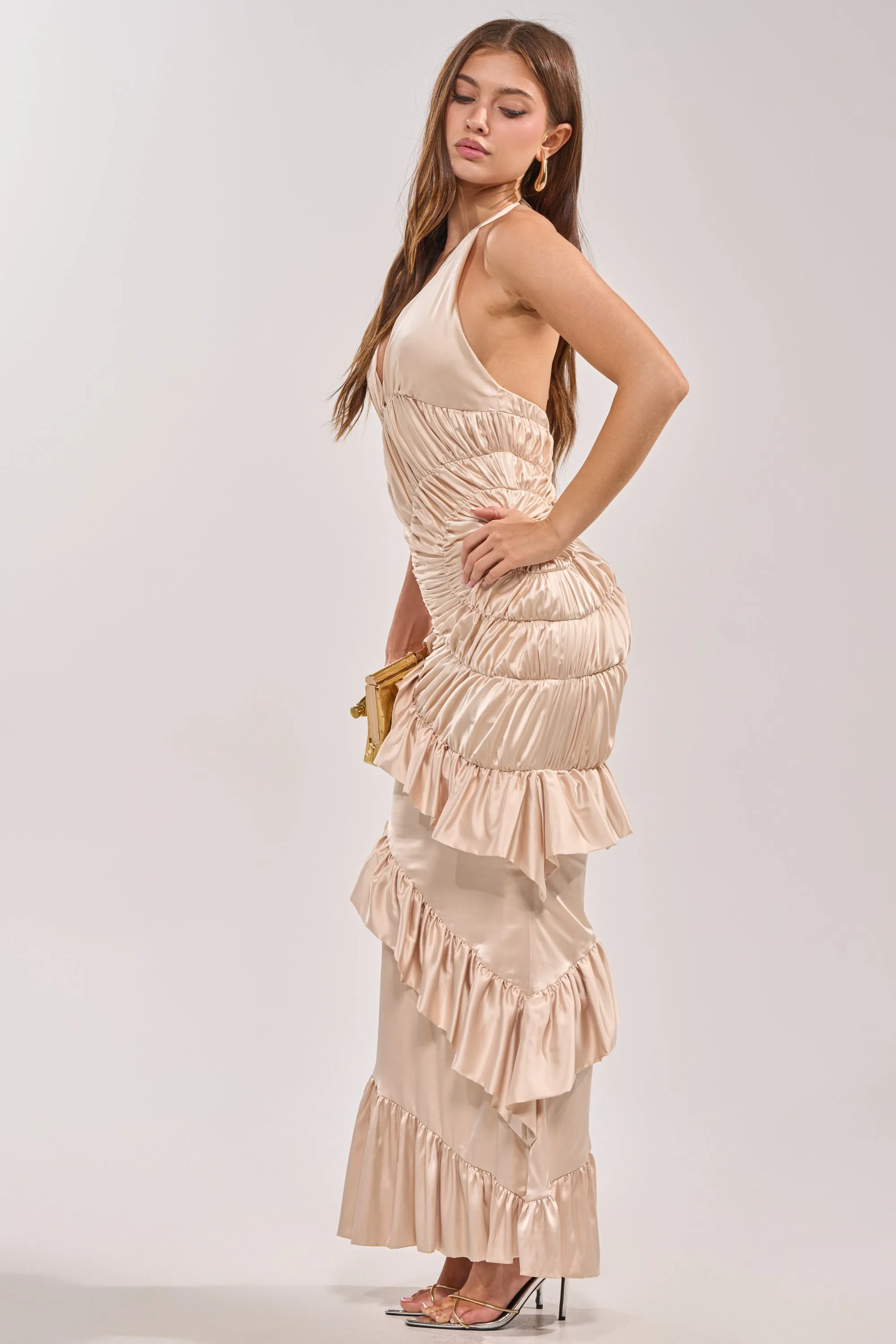 MAKE YOU MINE RUFFLE SATIN MAXI DRESS sold by AKIRA product image thumbnail 4