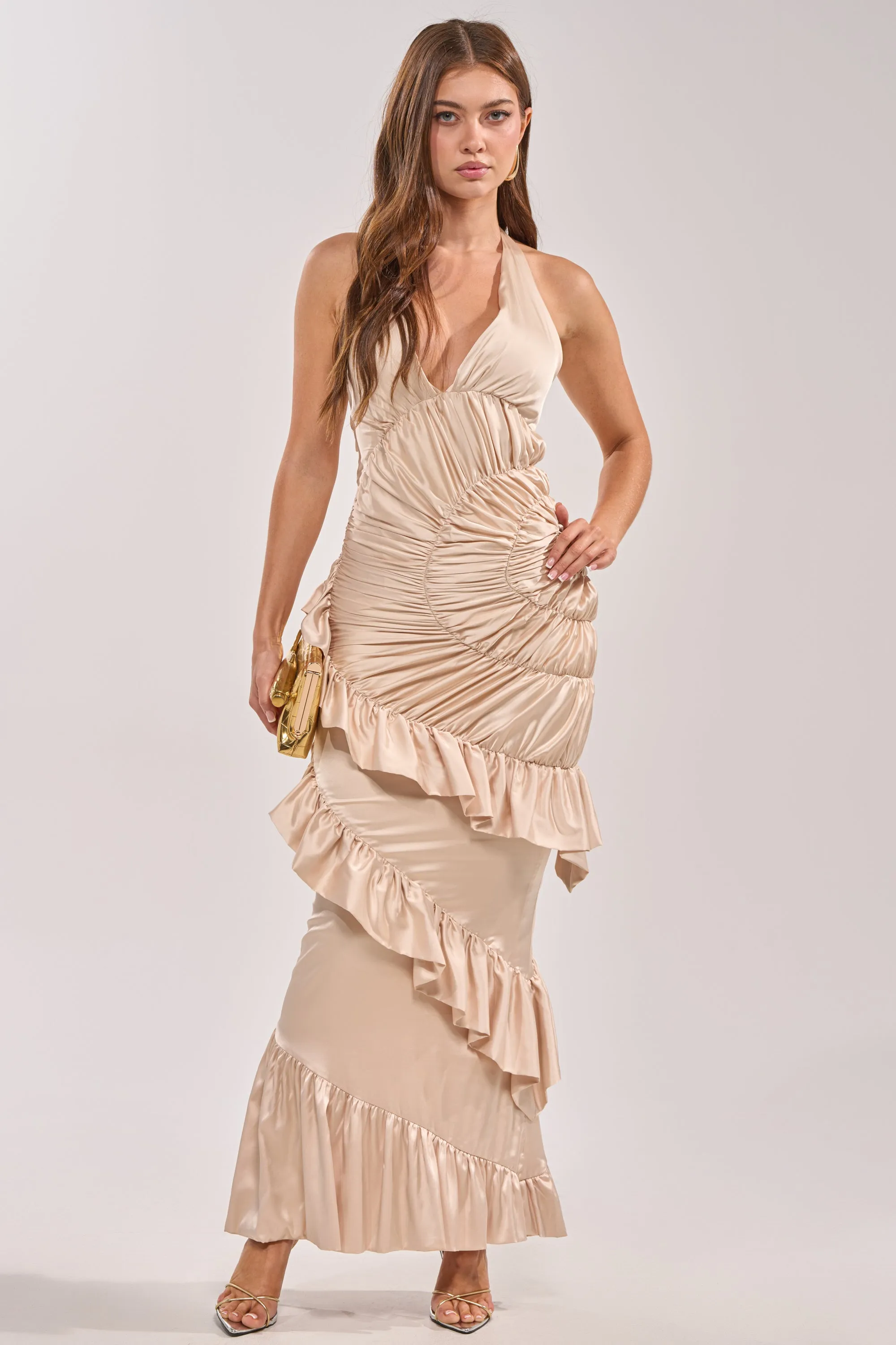 MAKE YOU MINE RUFFLE SATIN MAXI DRESS sold by AKIRA product image thumbnail 3