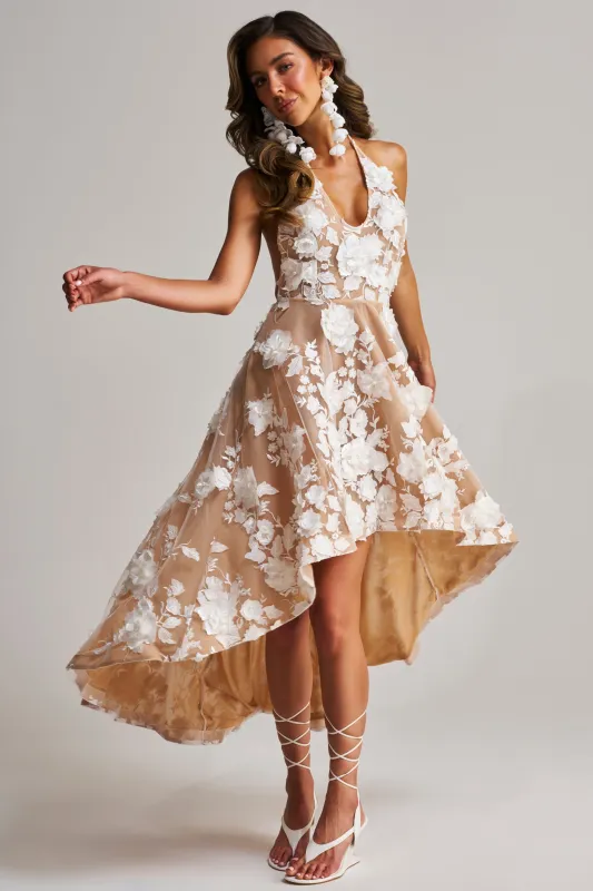 LILAH FLOWER APPLIQUE MIDI DRESS made by AKIRA