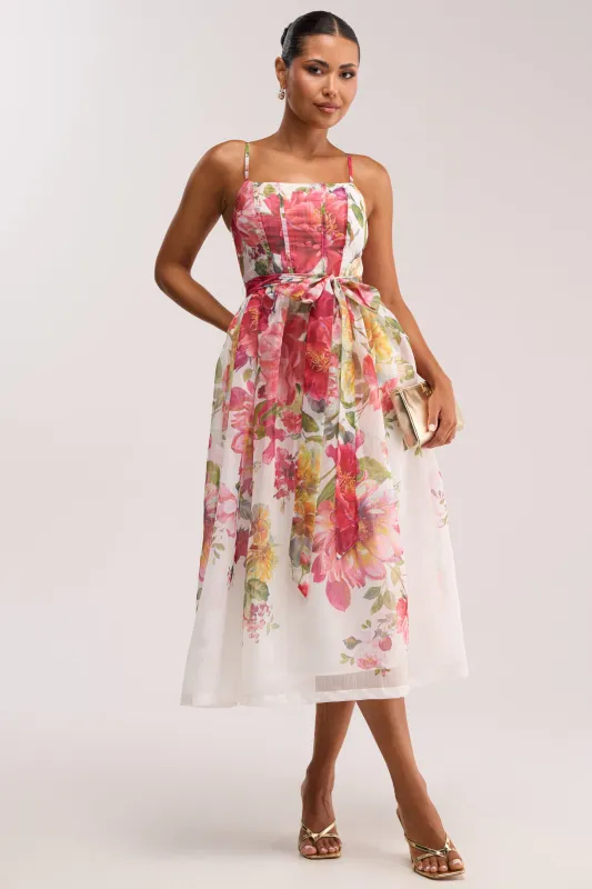 GARDEN PARTY FLORAL CHIFFON MIDI DRESS made by AKIRA