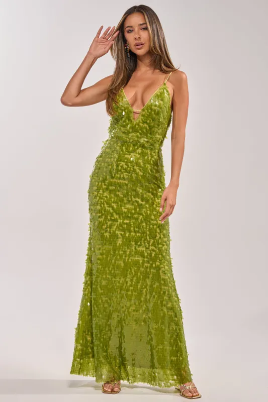 WILD CARD SEQUIN MAXI DRESS IN LIME made by AKIRA
