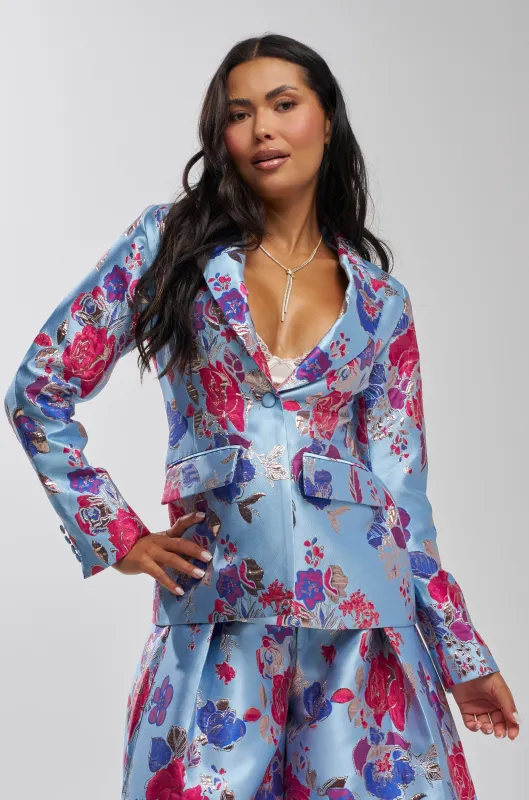 BUY MYSELF FLOWERS BROCADE BLAZER IN BLUE made by AKIRA