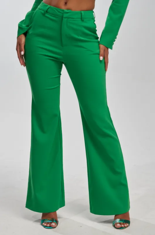 JUST YOUR LUCK FLARE TROUSER IN GREEN made by AKIRA