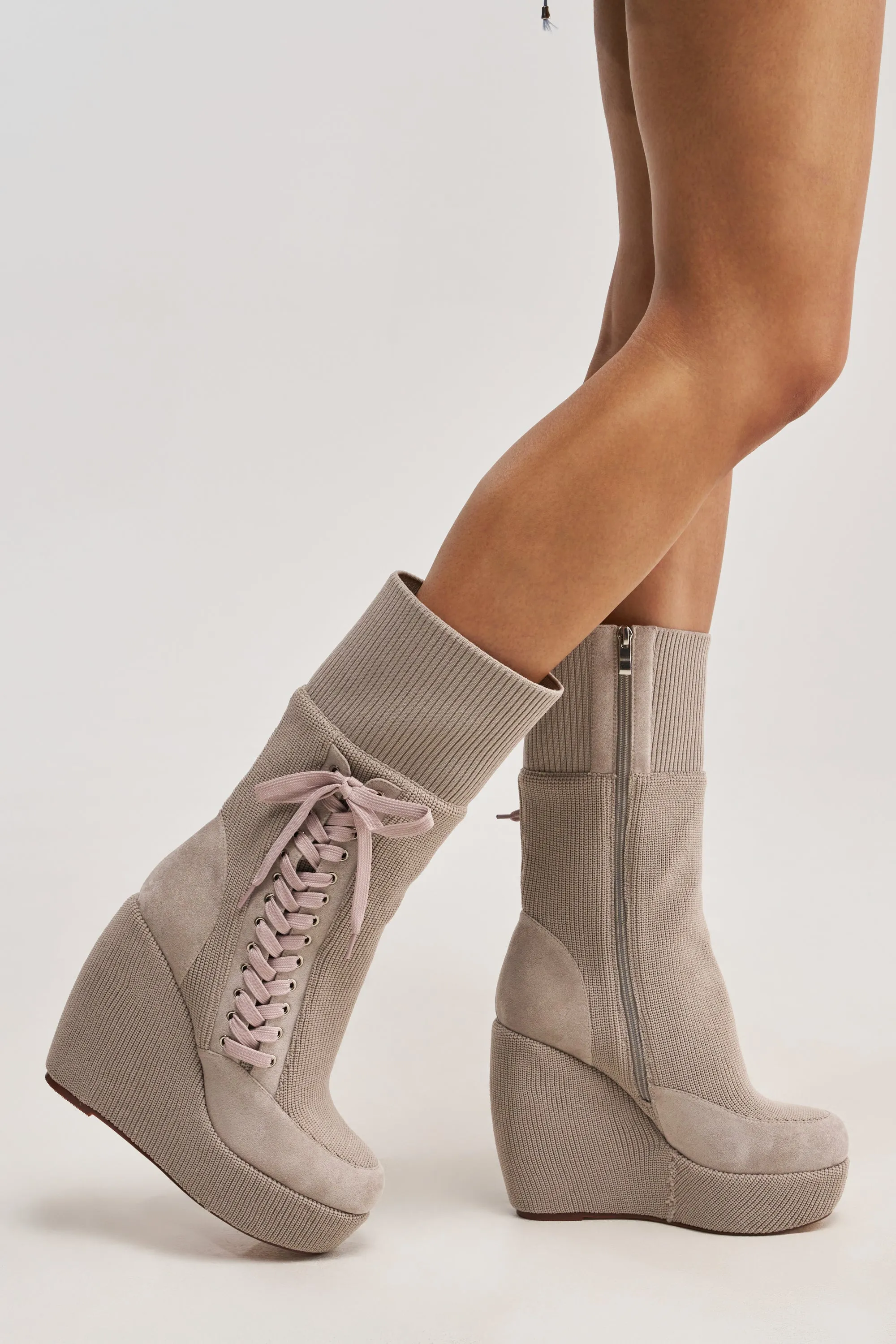 AKIRA GOLD WHATEVER WARM GREY CANVAS WEDGE BOOTIE sold by AKIRA