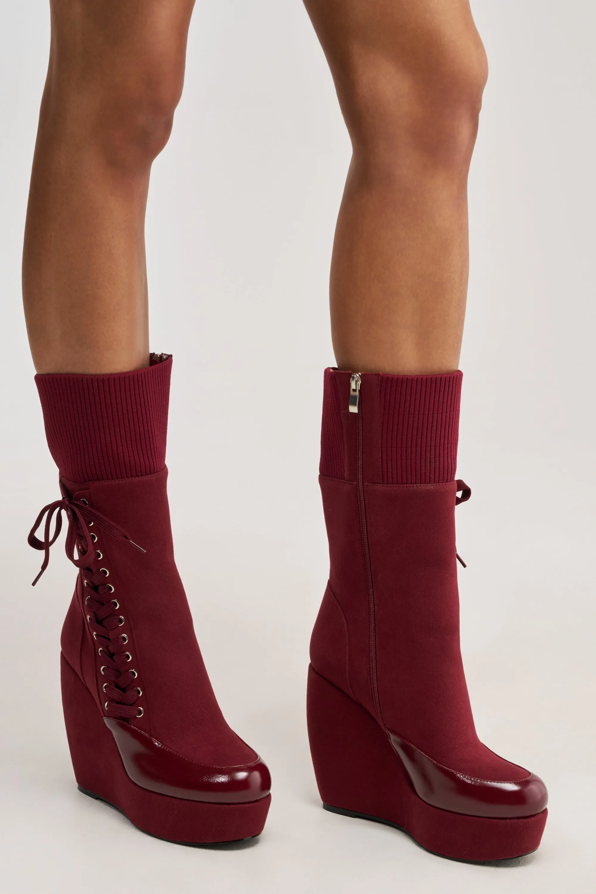 AKIRA GOLD WHATEVER BURGUNDY CANVAS WEDGE BOOTIE sold by AKIRA