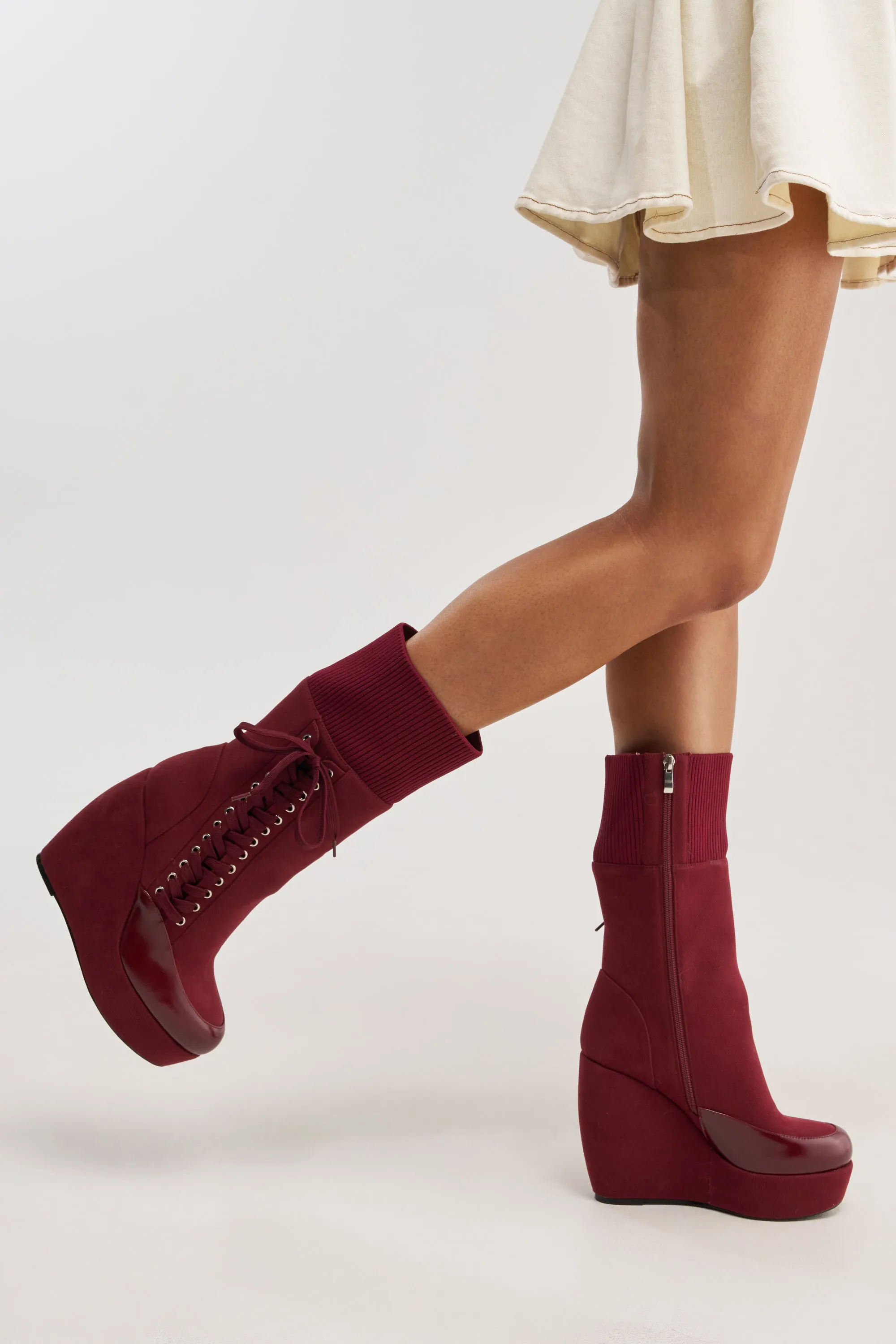AKIRA GOLD WHATEVER BURGUNDY CANVAS WEDGE BOOTIE sold by AKIRA product image thumbnail 2