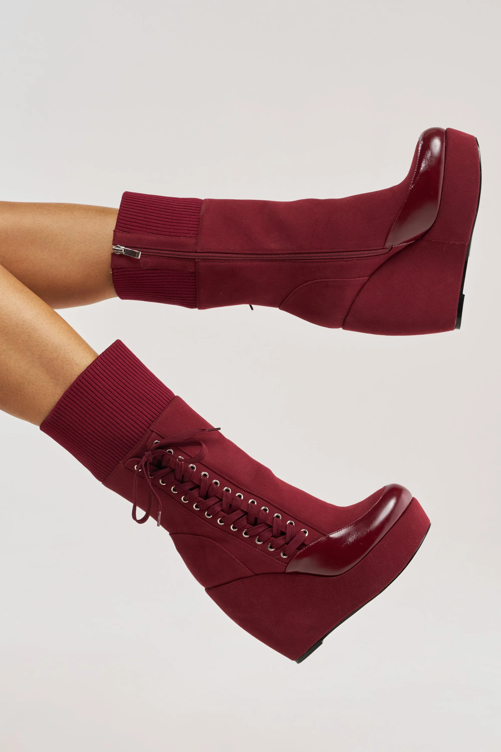 AKIRA GOLD WHATEVER BURGUNDY CANVAS WEDGE BOOTIE sold by AKIRA product image thumbnail 3