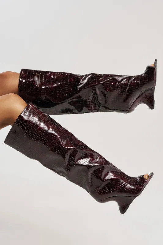 AZALEA WANG VINCENT BURGUNDY CROC OPEN TOE WEDGE BOOT made by Azalea Wang