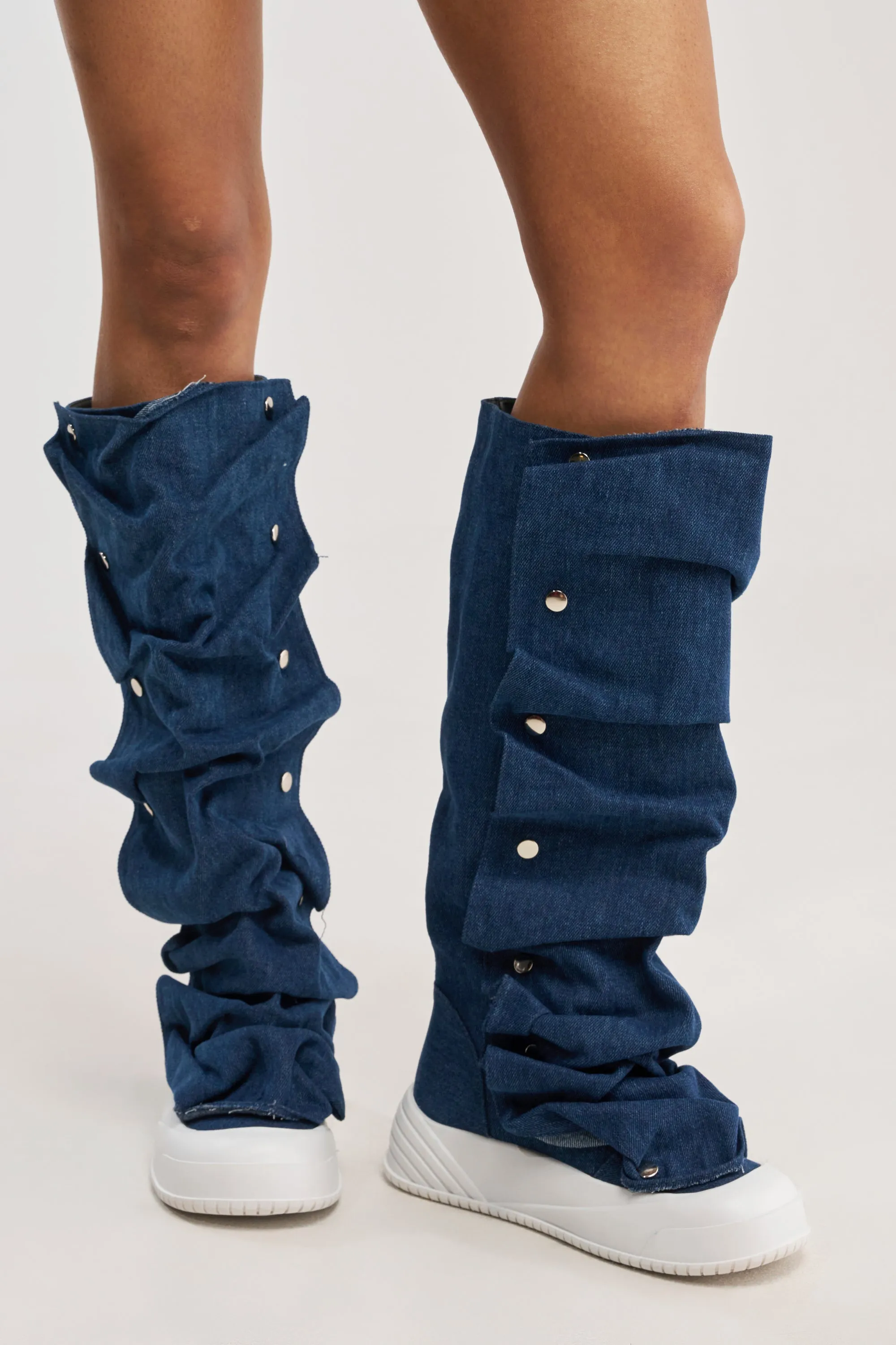 AKIRA GOLD ALIXY DENIM FLAT RUFFLE BOOT sold by AKIRA product image thumbnail 2
