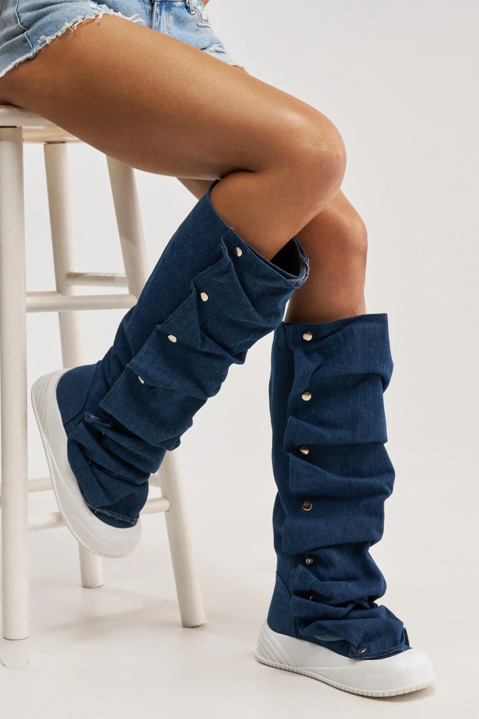 AKIRA GOLD ALIXY DENIM FLAT RUFFLE BOOT sold by AKIRA product image thumbnail 3