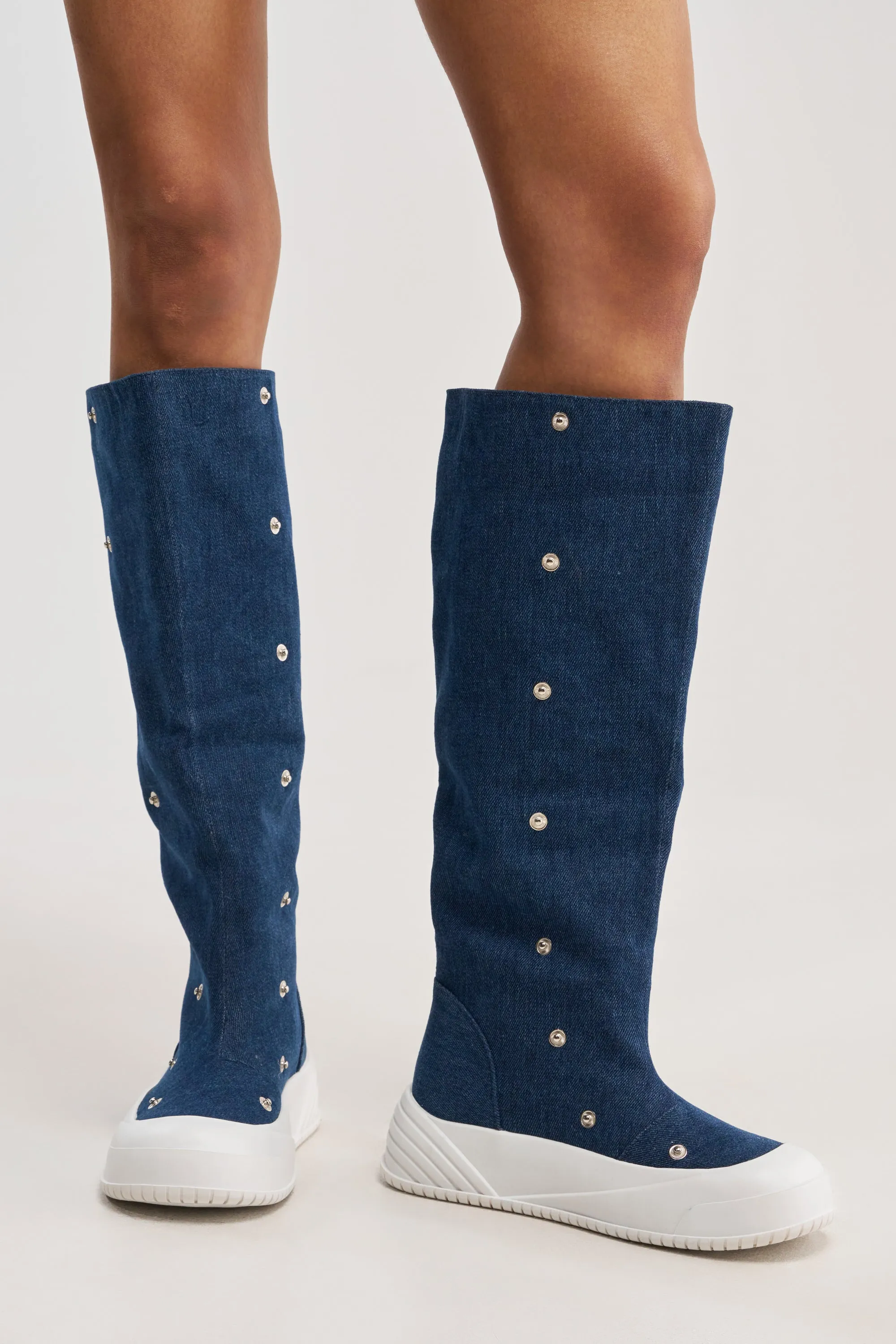 AKIRA GOLD ALIXY DENIM FLAT RUFFLE BOOT sold by AKIRA product image thumbnail 4