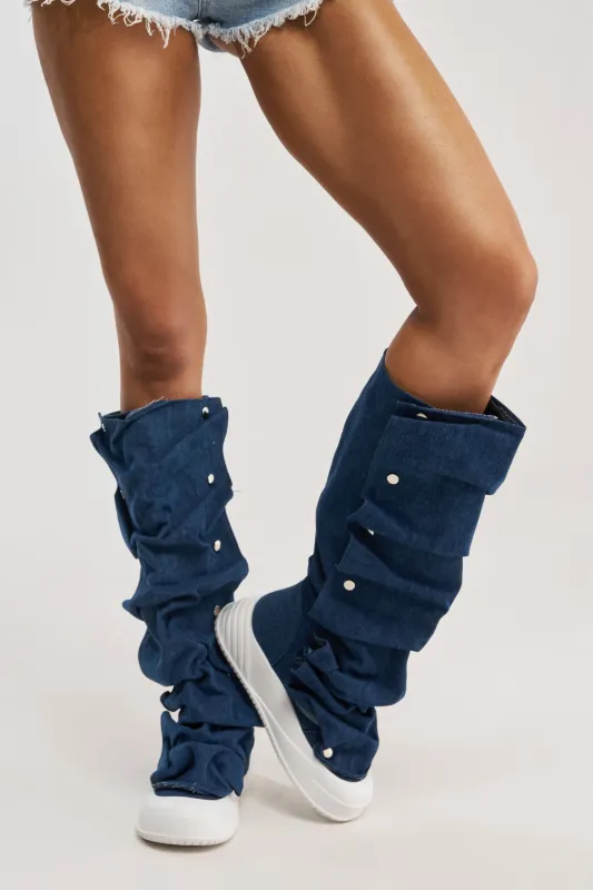 AKIRA GOLD ALIXY DENIM FLAT RUFFLE BOOT made by AKIRA