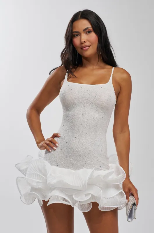 LATE NIGHT ENERGY RHINESTONE MINI DRESS IN WHITE made by AKIRA