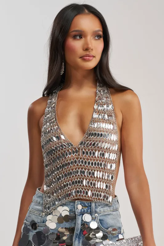 SILVER CASCADE RHINESTONE TOP made by AKIRA